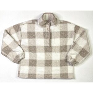 LOFT Sweater Women's Large Beige Cream Plaid Sherpa Fleece Pullover Snap Neck